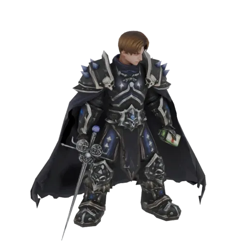 Modèle 3D d'un Commandant Chevalier Noir en armure noire avec une cape, tenant une épée et une carte à jouer.