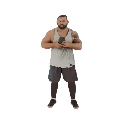 3D model of a muscular man with tattoos, wearing a grey tank top and shorts, holding a smartphone.