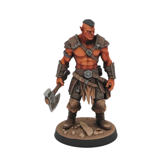 3D model render of a fierce Orc Warrior miniature holding an axe, with tribal armor and a detailed base.