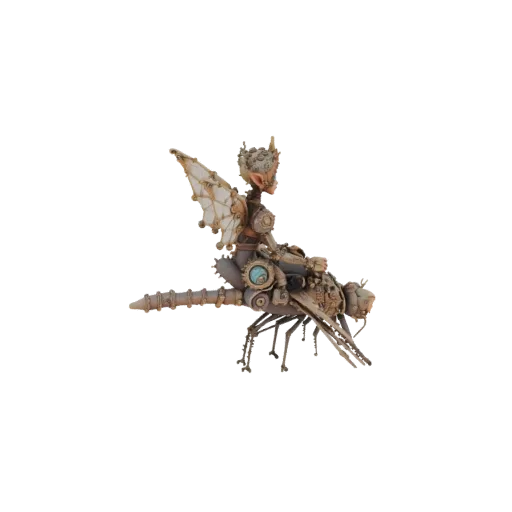 Modèle 3D d'un elfe steampunk assis sur une libellule mécanique avec ailes et engrenages.