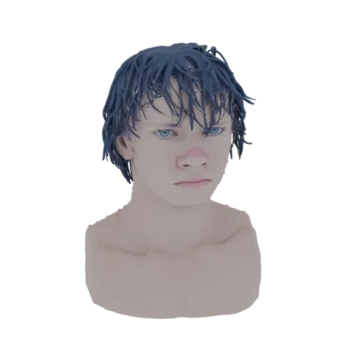 3D model of a young boy's bust with tousled blue hair and bright blue eyes, looking forward with a neutral expression.