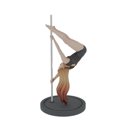 3D model of a female pole dancer in an acrobatic pose, with blonde hair flowing, holding onto a silver pole.