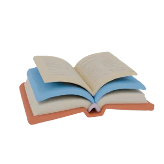 Modèle 3D d'un livre ouvert avec des pages à couches crème et bleues sur une base corail, vu sous un léger angle.