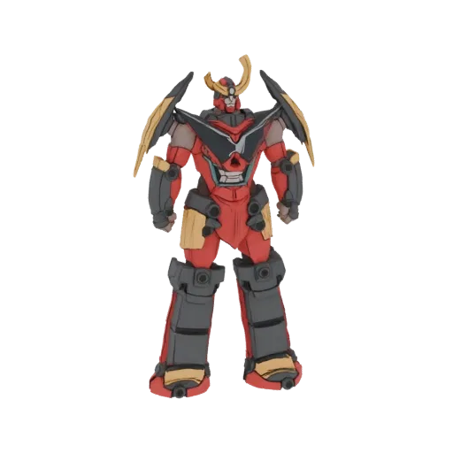 3D model of a red and gold samurai robot with a helmet and intricate armor details, standing against a black background.