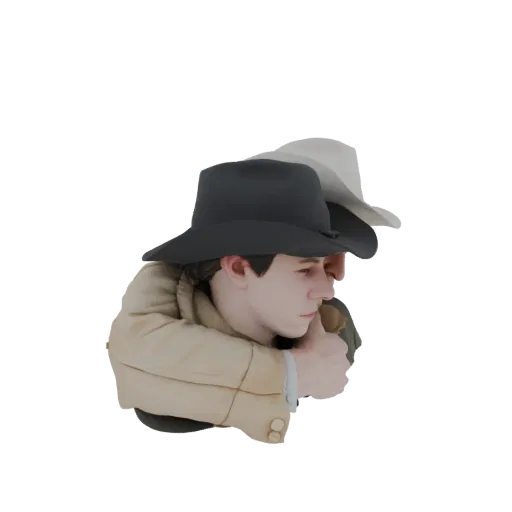 3D model of two cowboys wearing hats, one giving a thumbs-up gesture, against a white background.