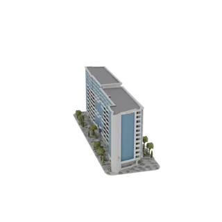 3D model of a modern office building with blue glass windows and a white facade, set against a black background.