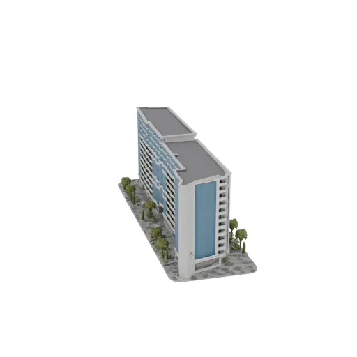 3D model of a modern office building with blue glass windows and a white facade, set against a black background.