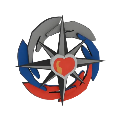3D model of a compass rose with a red heart at its center, surrounded by stylized hands in red, blue, and gray.