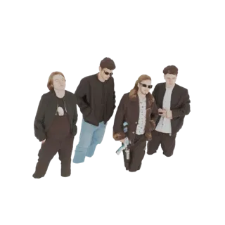 3D model of four men standing together, all wearing bomber jackets and sunglasses.
