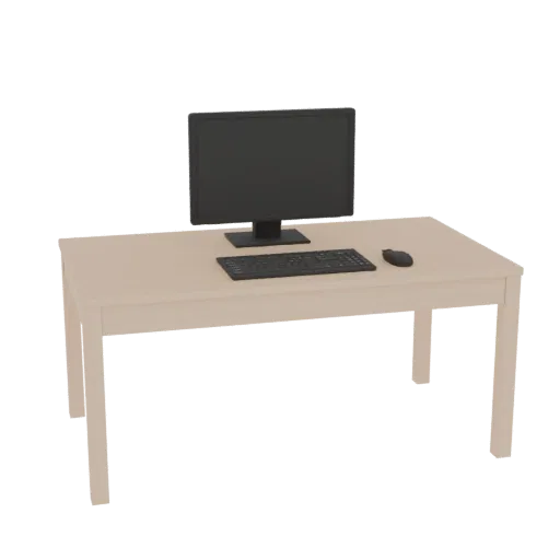 3D model of a modern computer desk with a flat-screen monitor, keyboard, and mouse on a plain black background.