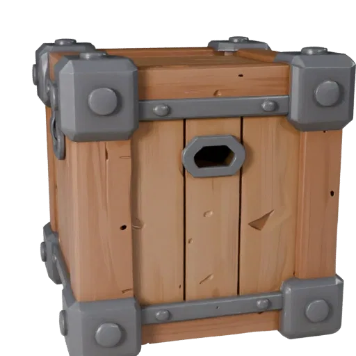 Medieval Crate Low Poly 3D model, game viewport three-quarter view, showing wood planks, stackable massing.