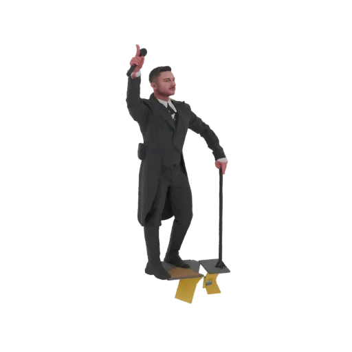 3D model of a Victorian ringmaster in a dark suit, holding a microphone and a cane, standing on a platform.