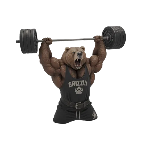 نموذج ثلاثي الأبعاد لدب أشيب عضلي يرتدي قميصًا بلا أكمام وشورت مكتوب عليه 'GRIZZLY'، يرفع البار فوق رأسه بتعبير مخيف.