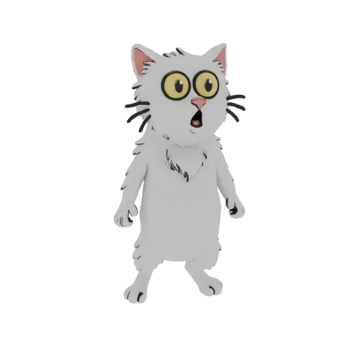A 3D model of a white cat with wide yellow eyes and an open mouth, looking shocked.