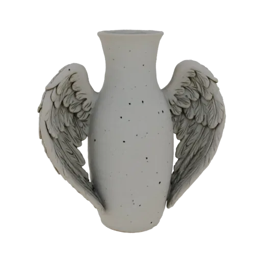 3D model of a white ceramic vase with detailed angel wings on each side, set against a black background.