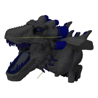 3D model of a cybernetic dinosaur head with blue metallic accents and a yellow wire detail, shown with its mouth open.