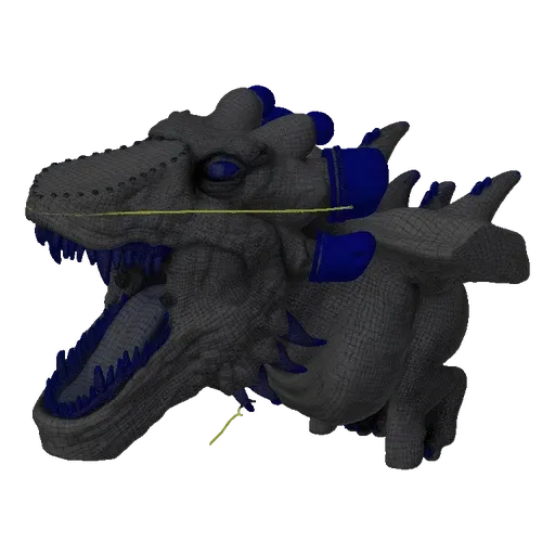 3D model of a cybernetic dinosaur head with blue metallic accents and a yellow wire detail, shown with its mouth open.