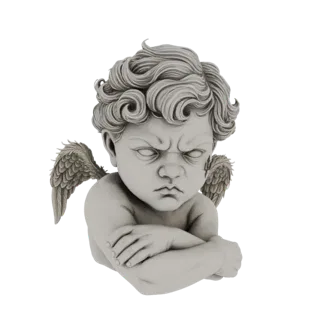 Modèle 3D de statue de cherubin grincheux, bras croisés, ailes emplumées et expression fâchée, rendu dans une texture de type