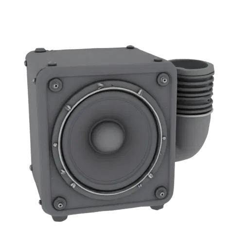Gray 3D subwoofer with bass reflex port, front view