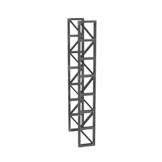 Un modelo 3D de una sección de torre de celosía de acero industrial alta y estrecha con una estructura de celosía geométrica,