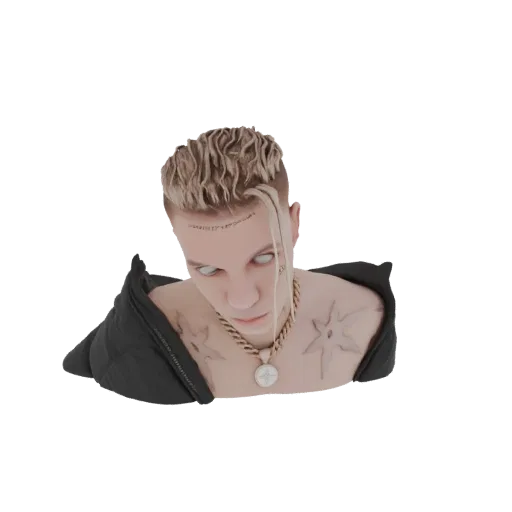 3D model of a cyberpunk character with blonde hair, white eyes, facial tattoos, and a black jacket, looking forward.