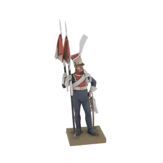 Modello 3D di una figura di Portabandiera della Guardia Imperiale in uniforme, che tiene due bandiere reggimentali.