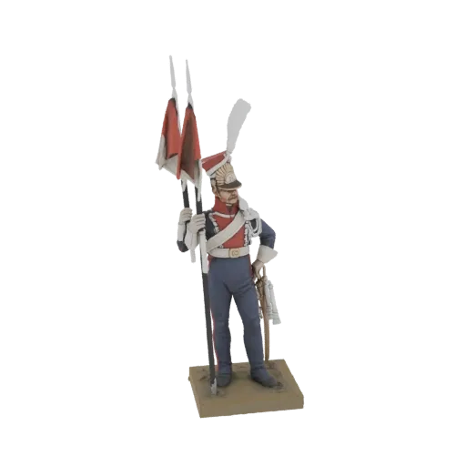 3D-Modell einer Standartenträger-Figur der Garde in Uniform, die zwei Regimentsfahnen hält.