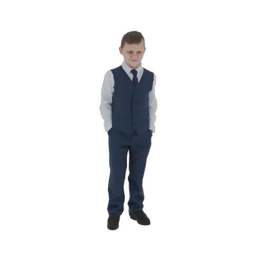 Modello 3D di un ragazzo in abito blu, in piedi con le mani in tasca e un leggero sorriso.