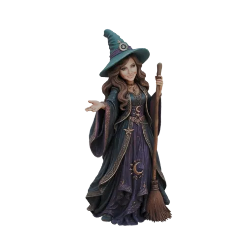 Modello 3D di un'incantevole strega con cappello blu-verde e veste viola, che tiene una scopa con una mano tesa.