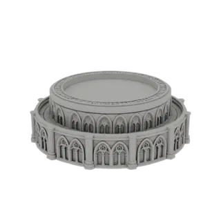 3D model of a two-tiered circular building base with Gothic arches and columns, rendered in gray on a black background.