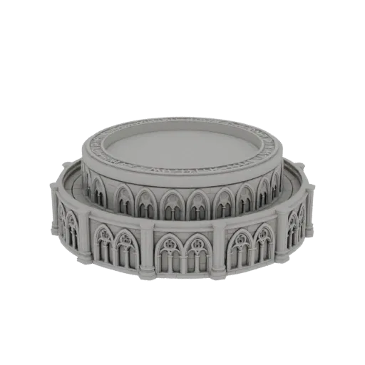 3D model of a two-tiered circular building base with Gothic arches and columns, rendered in gray on a black background.