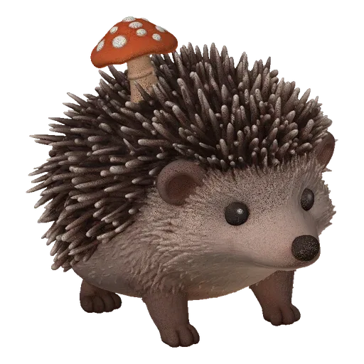 3D model of a cute hedgehog with a red fly agaric mushroom on its back, standing on a white background