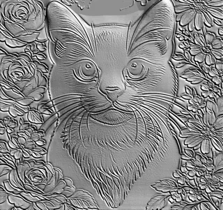 3D model of a cat bas-relief surrounded by roses, in monochrome