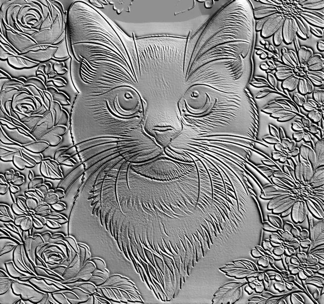 3D-Modell eines Katzen-Flachreliefs, umgeben von Rosen, in monochrom