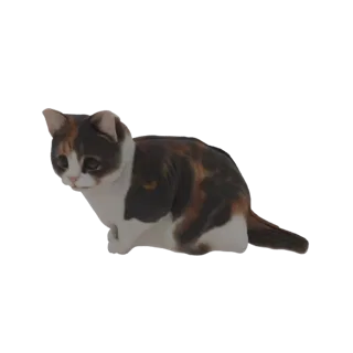 Modelo 3D de gato calicó sentado, mirando a la izquierda con pelaje blanco, marrón y negro.