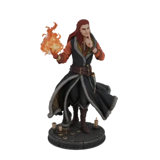 3D model of a fantasy fire mage with red hair, casting a fire spell, wearing a dark robe, on a base with candles.