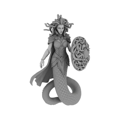 3D model of a Medusa warrior with a serpent's body, snake hair, and ornate armor, holding a shield.