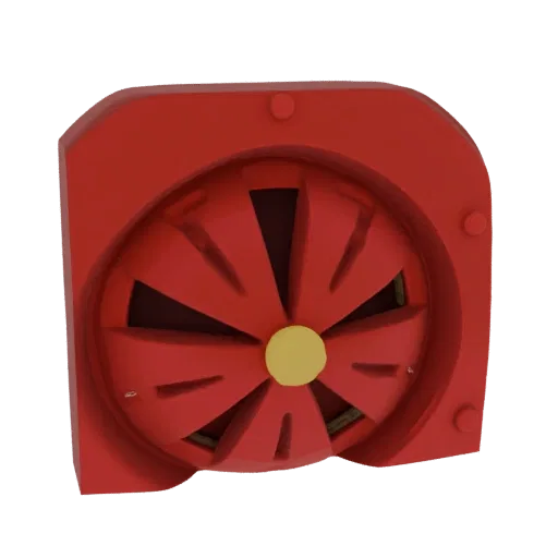 3D model of a red industrial siren with a yellow center, featuring a detailed grille and angular housing.