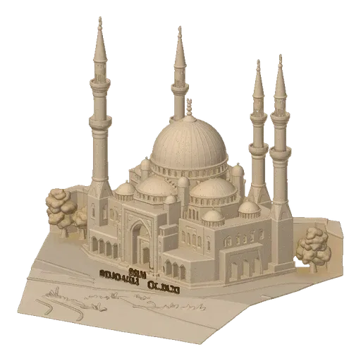3D model of an ornate mosque with multiple minarets and a central dome, rendered in a light stone-like material.