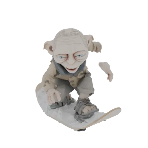 3D model of Gollum from Lord of the Rings snowboarding down a snowy slope.
