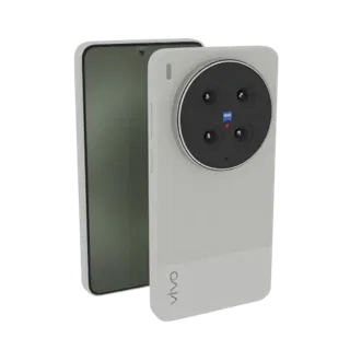 3D model of a white Vivo X90 Pro smartphone with a prominent circular camera module on the back.