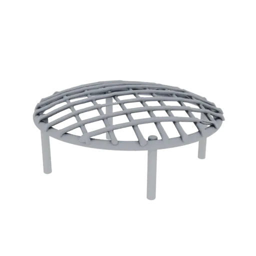 3D model of a grey, round grill grate with a woven pattern and three supporting legs, isolated on a white background.