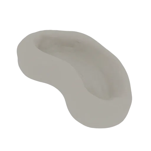 Un rendering 3D di un rene bianco opaco, visto da una leggera angolazione.