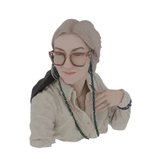3D model render of a woman wearing glasses and a green chain necklace, looking slightly to the side.