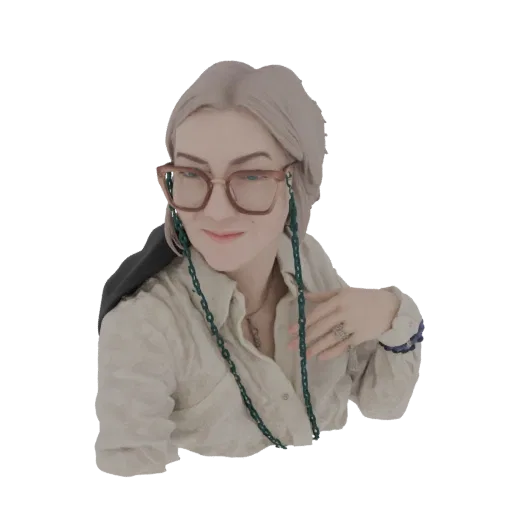 3D model render of a woman wearing glasses and a green chain necklace, looking slightly to the side.