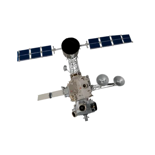 Navigation Satellite Stylized 3D model, stylized isometric render, showing solar panels, spacecraft silhouette.