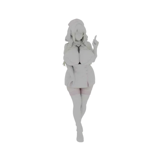 3D model render of a stylized female nurse character in a white uniform and pink-trimmed stockings, striking a confident pose.