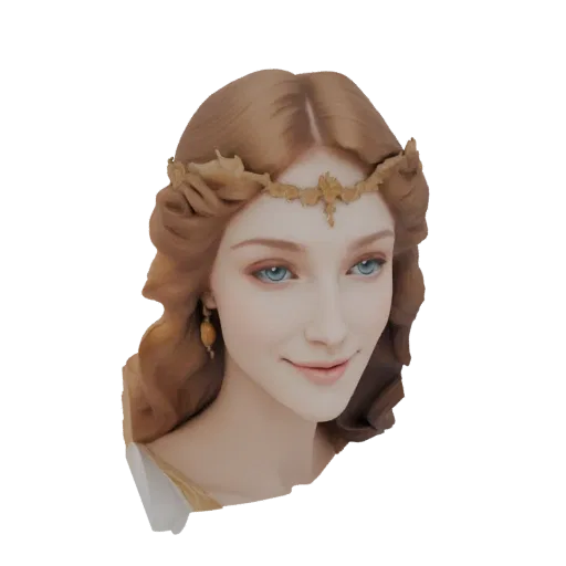3D render of an elegant woman's bust with flowing brown hair, blue eyes, and a golden tiara, wearing a golden earring.