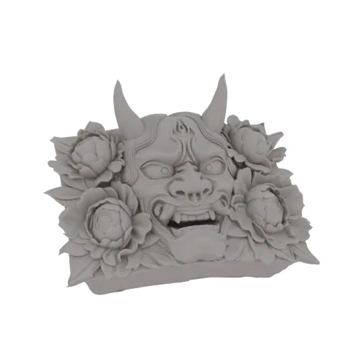 3D model of a grey Oni mask with detailed fangs and horns, surrounded by sculpted peonies.