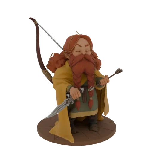 3D model render of a stylized Dwarf Archer with a red braided beard, holding a bow and arrow, and a dagger.